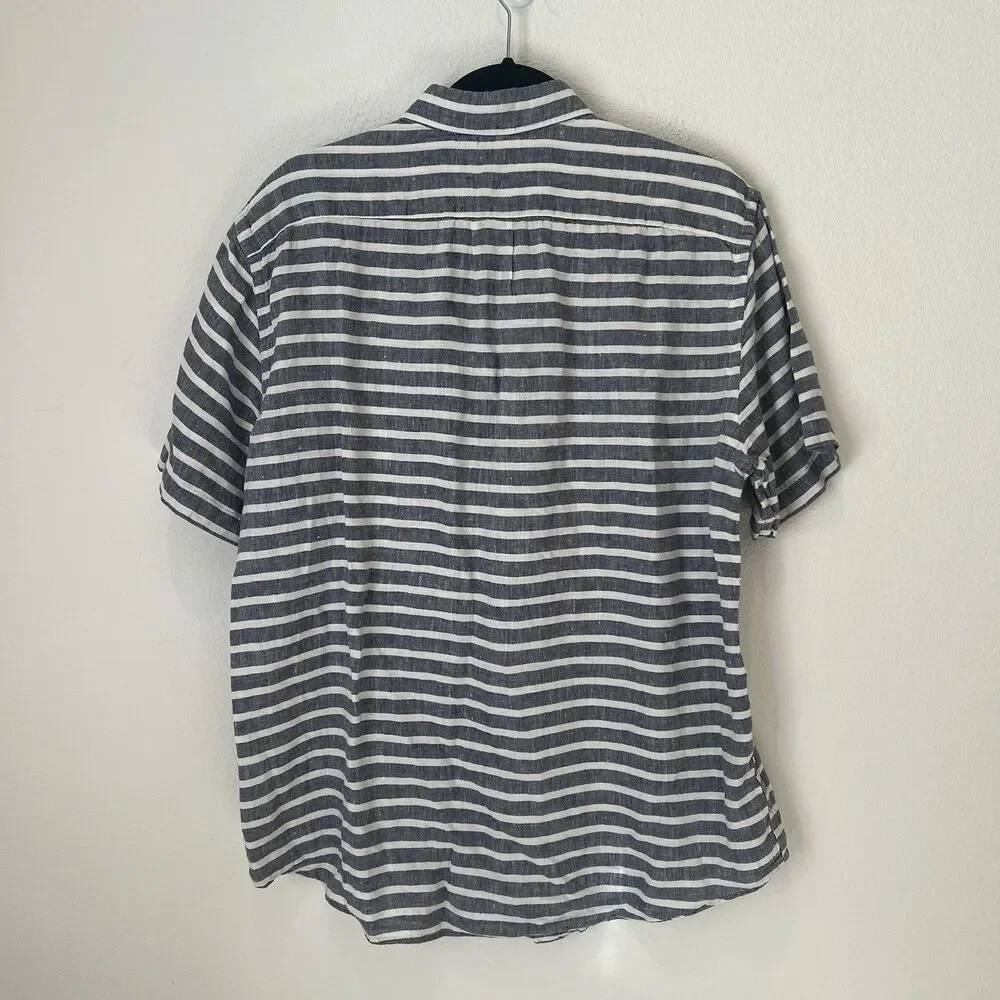 J. CREW 100% Linen Nautical Striped Short Sleeve Button Up Size Large Vacation